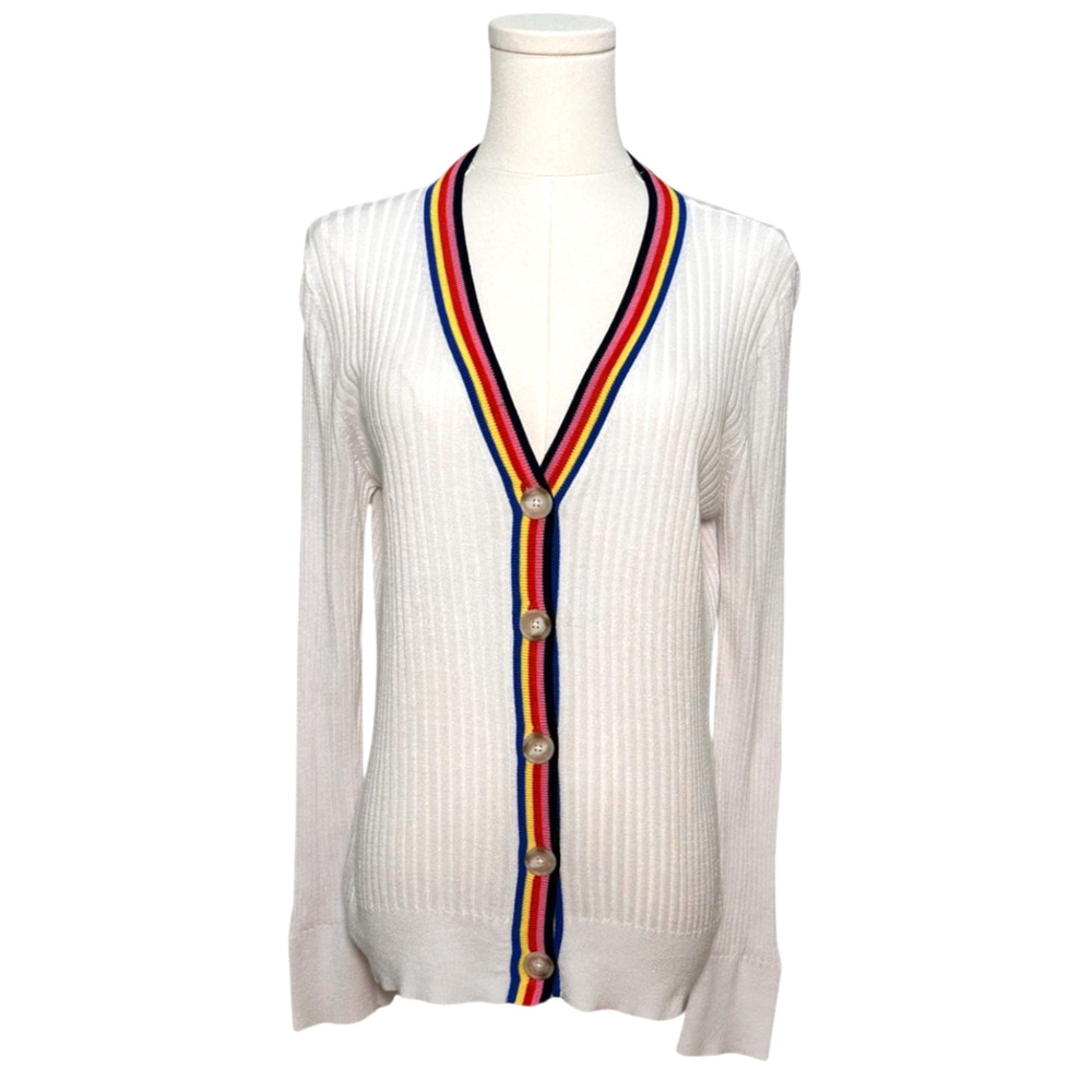 LOFT Ribbed Lightweight Long Sleeve Stretch White Rainbow Trim Cardigan Large